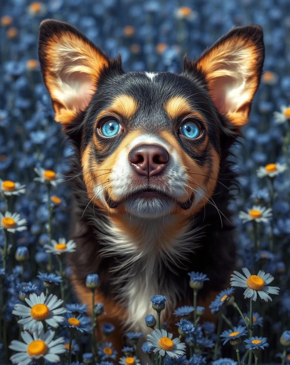 Enchanting Gaze: Blue-Eyed Puppy Amidst Spring Daisies