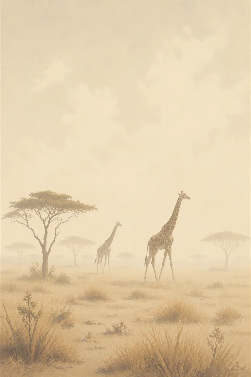 Enchanting Misty Morning Safari: Giraffes in Golden Serenity