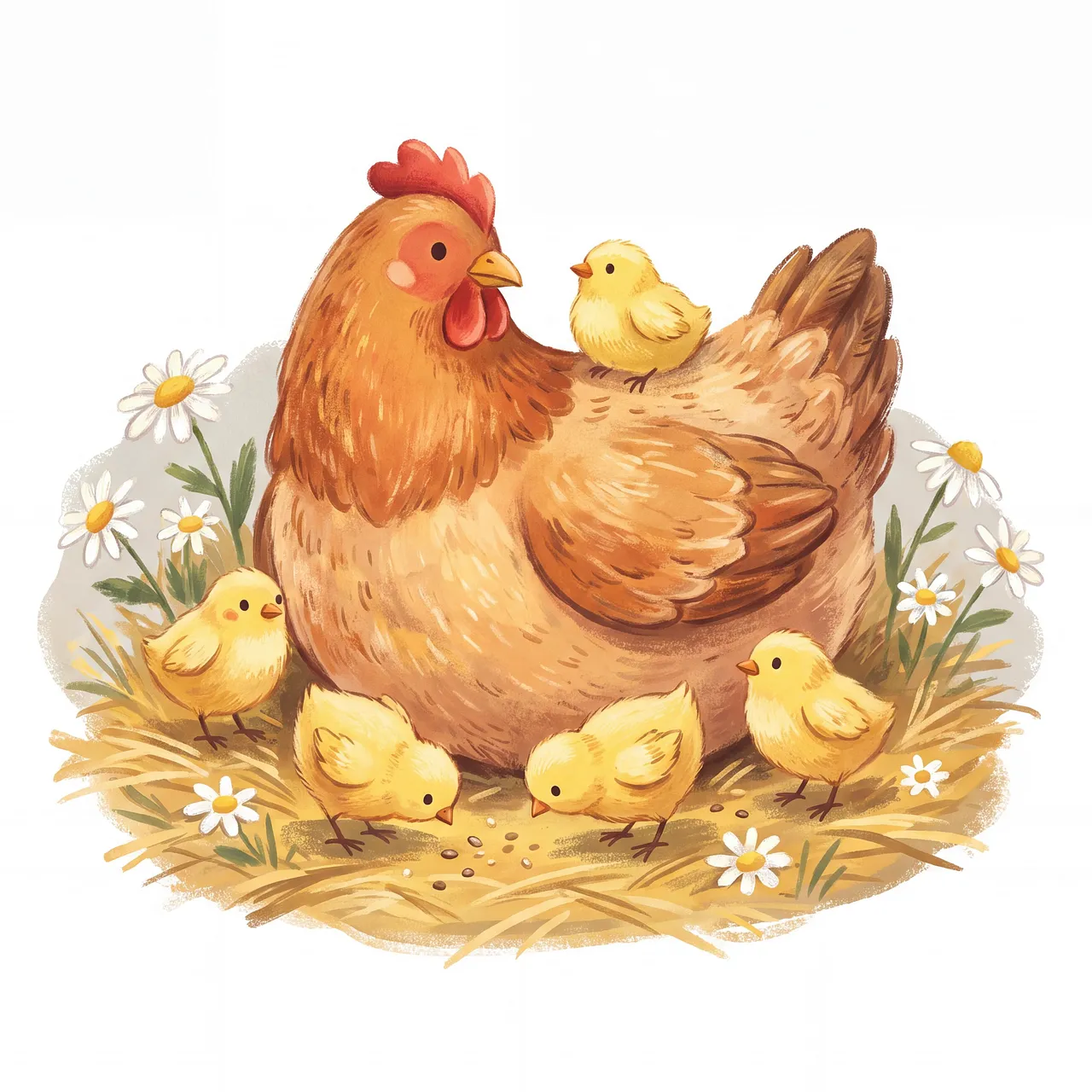 Charming Watercolor: Hen and Chicks in a Daisy Meadow