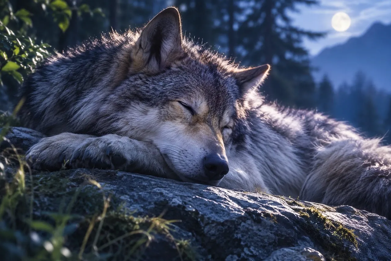 Serene Slumber: A Lone Wolf's Peaceful Mountain Night