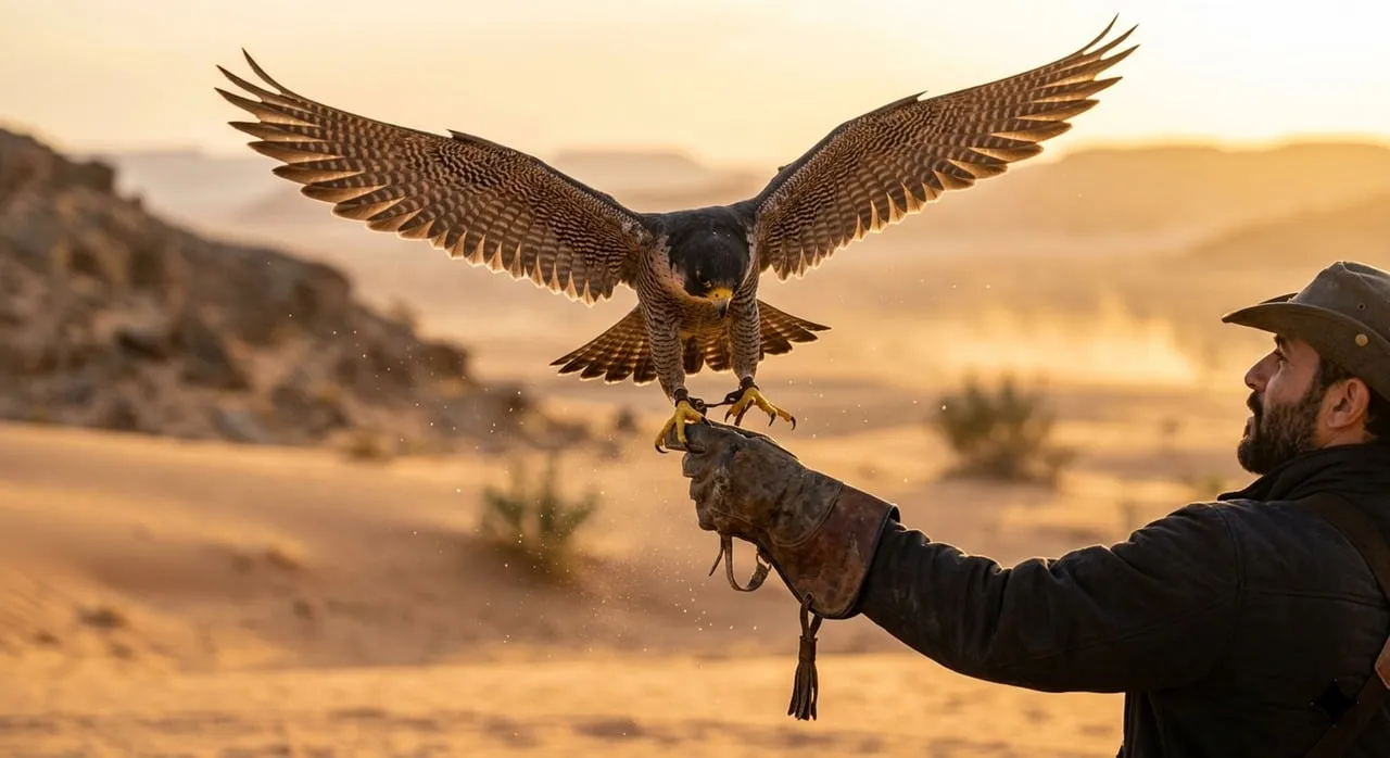 Majestic Peregrine Falcon Landing on Handler's Glove at Golden Sunset