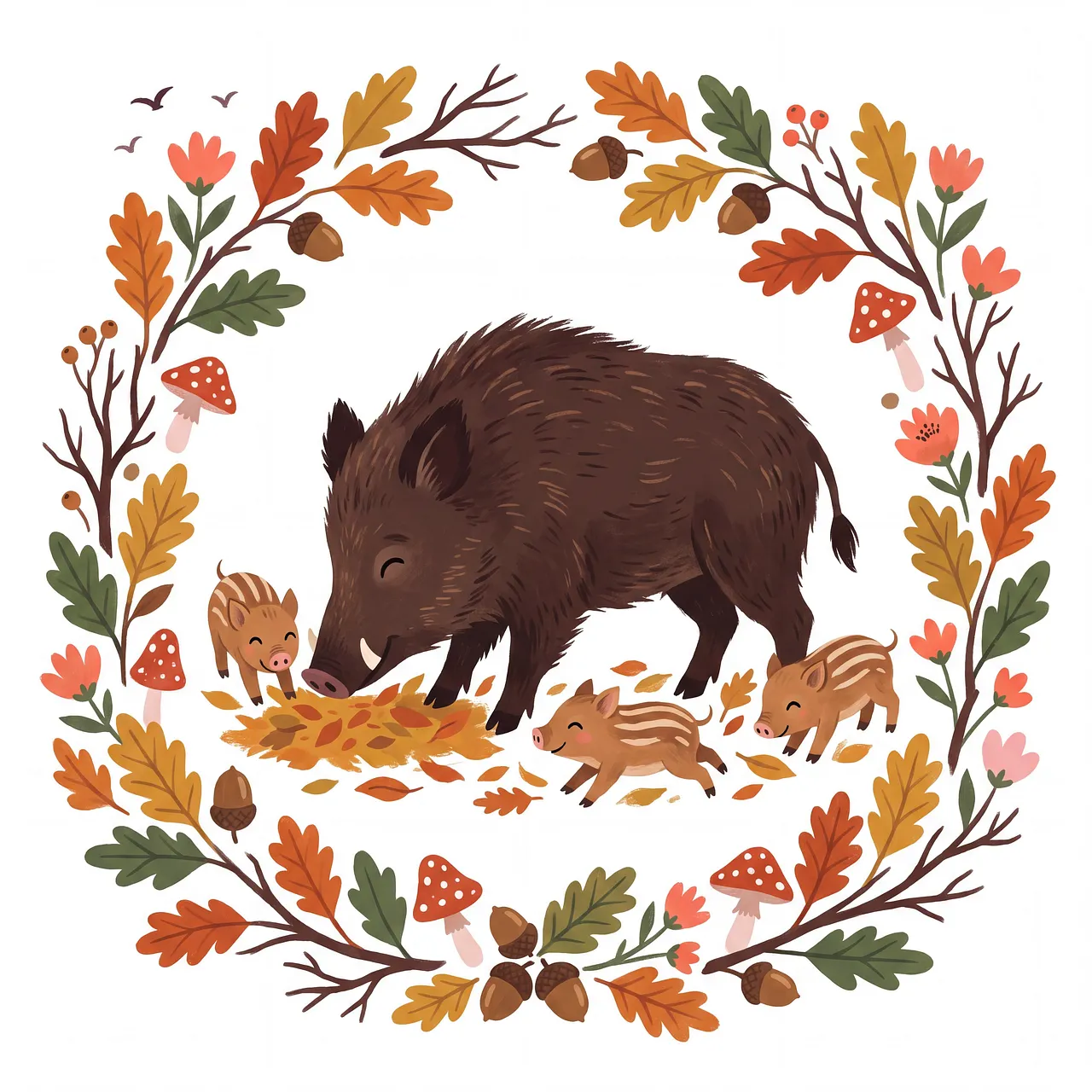 Charming Autumn Wild Boar Family in Whimsical Woodland