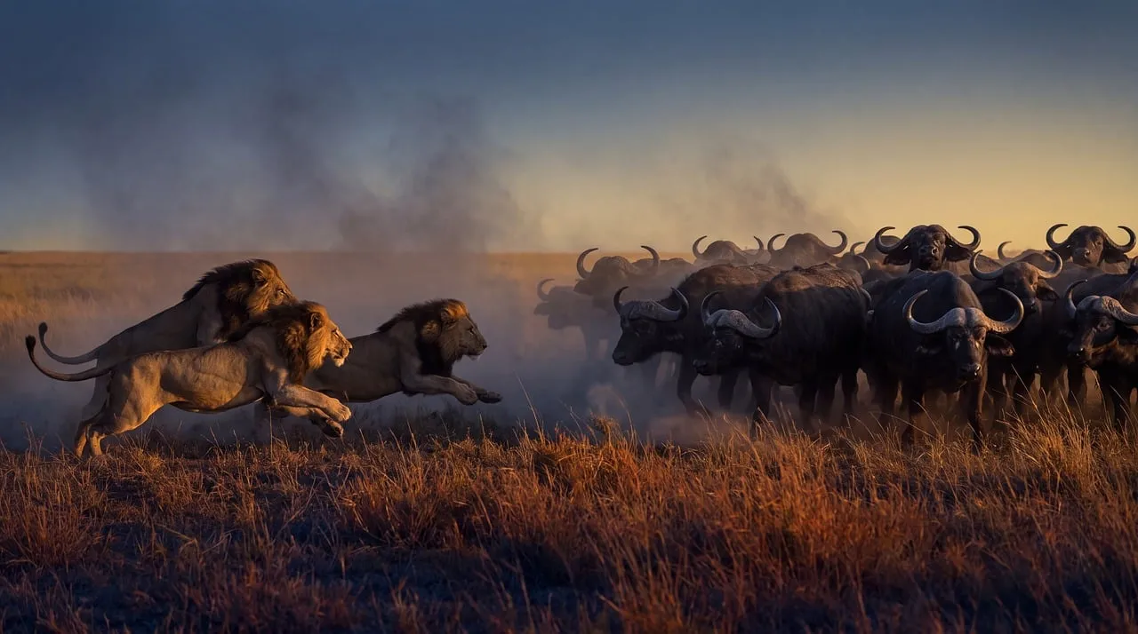 Dramatic Sunset Chase: Lions Hunting Buffalo on the African Savannah