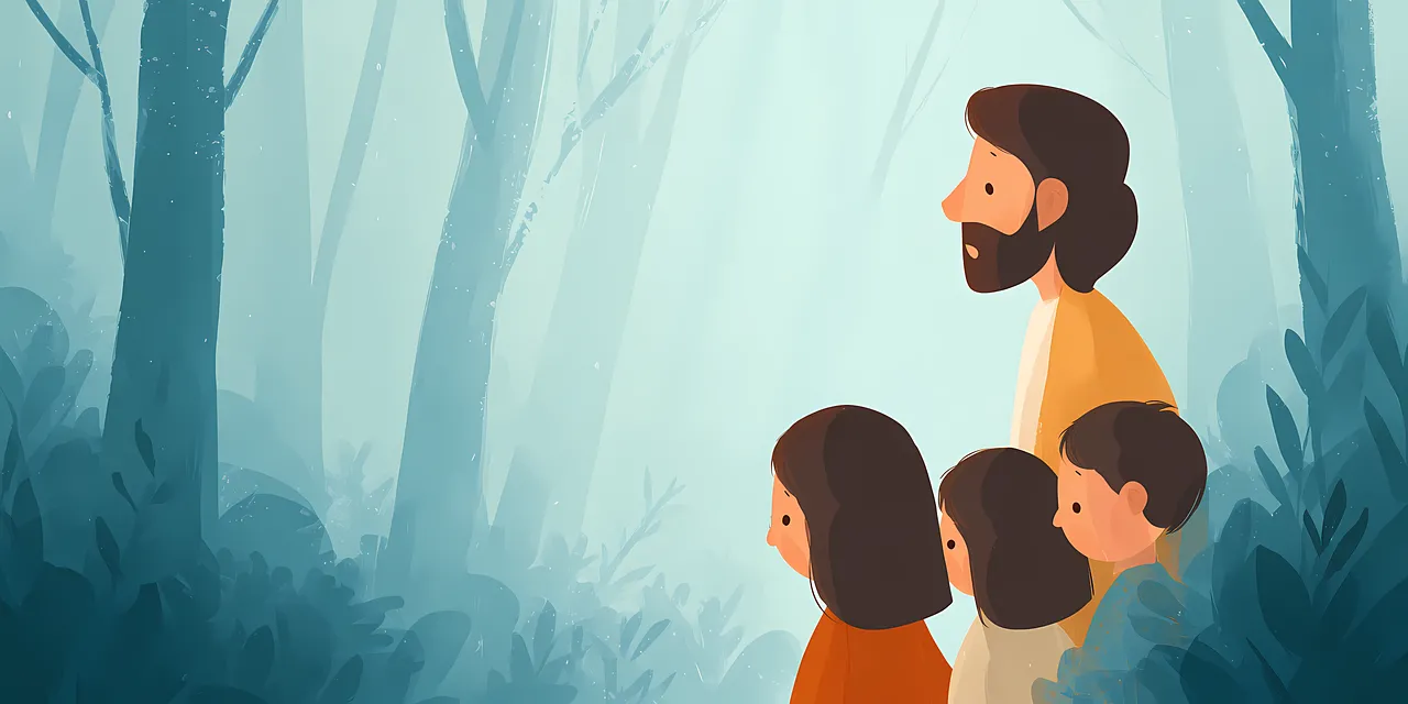 Divine Guidance: Jesus and Children in Misty Forest
