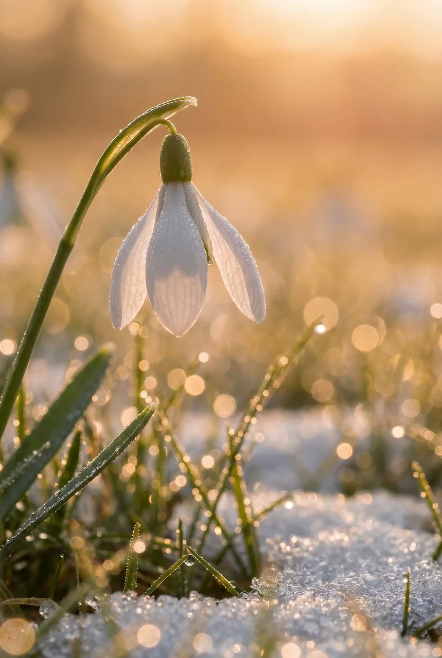 Enchanting Snowdrop: A Delicate Morning Bloom in Golden Light