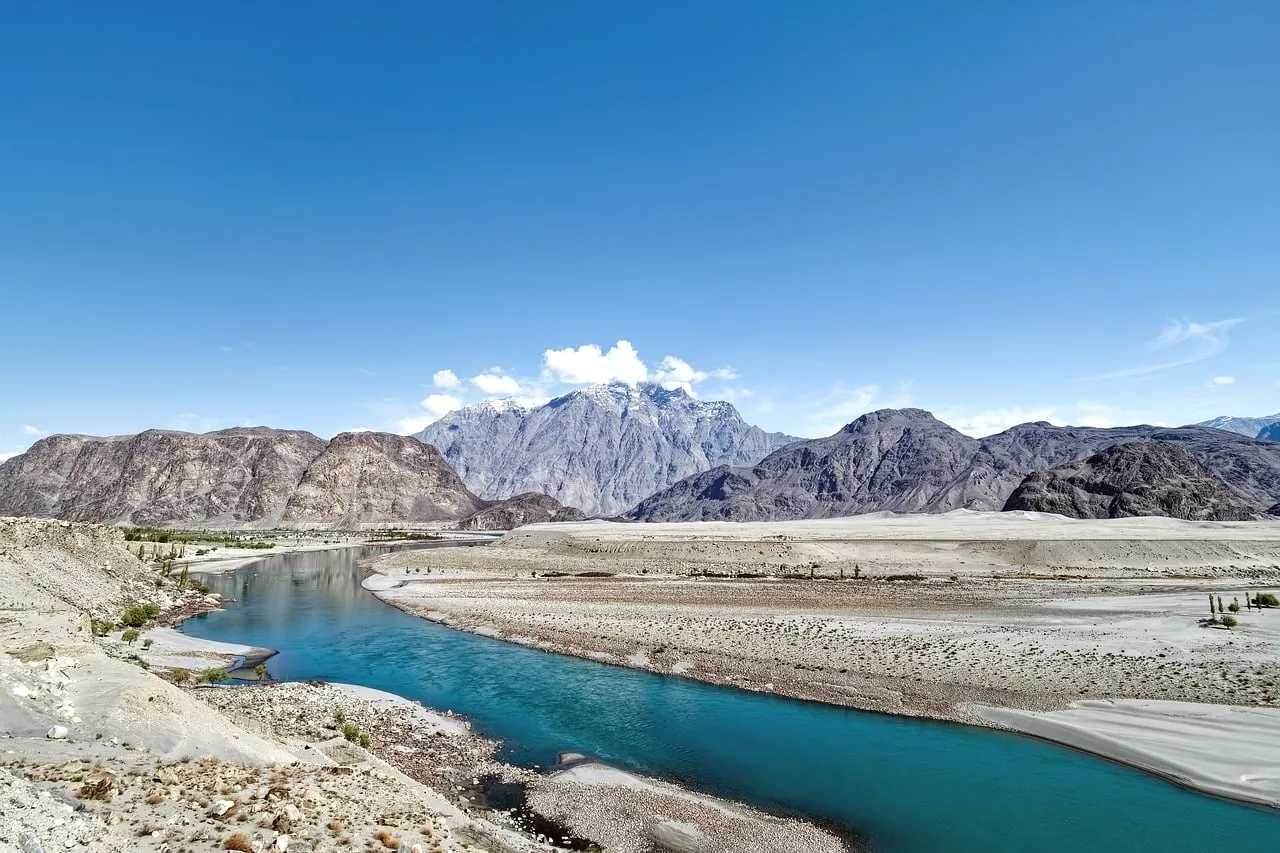 Majestic Karakoram: Turquoise River Meandering Through Arid Mountain Vistas