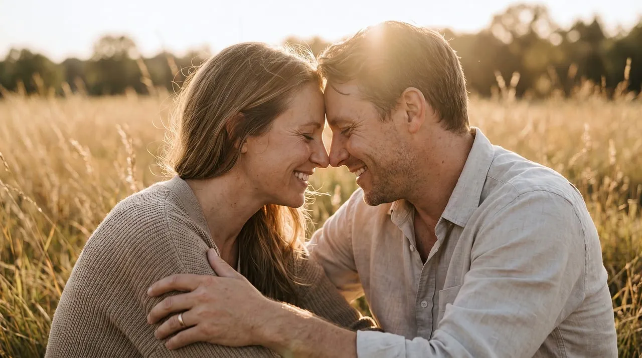Radiant Sunset Embrace: A Couple's Love in Golden Fields