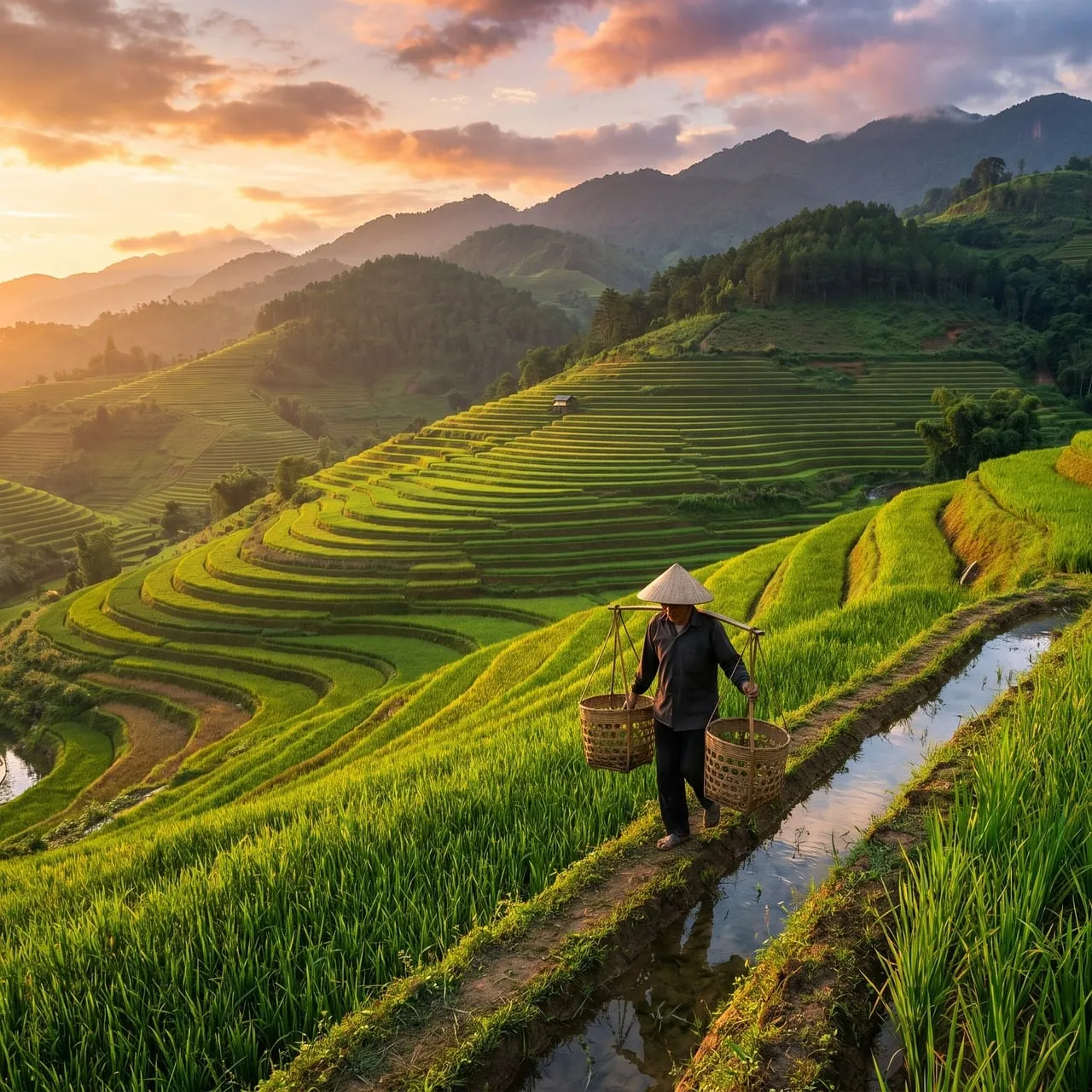 Breathtaking Sunset over Lush Asian Rice Terraces