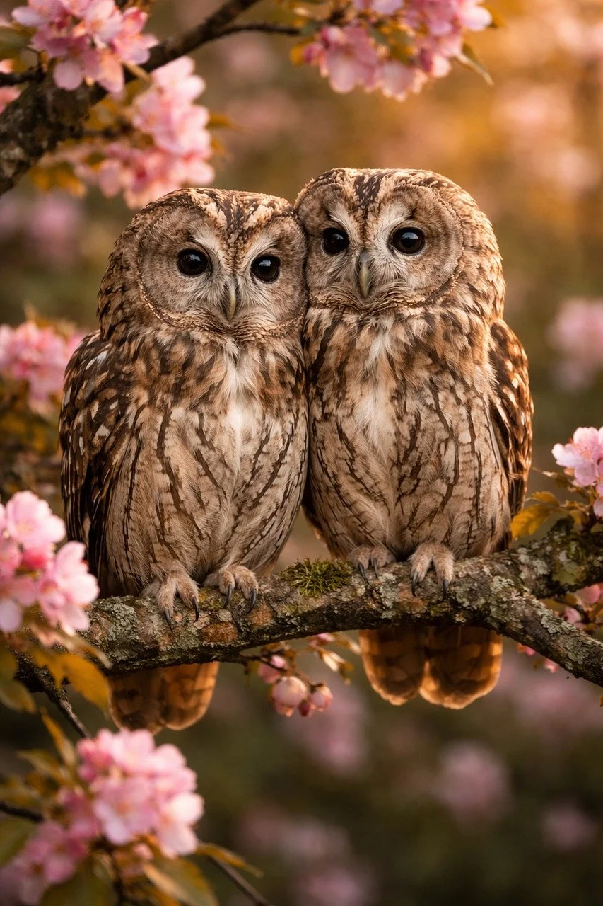 Charming Owl Duo Amidst Cherry Blossoms