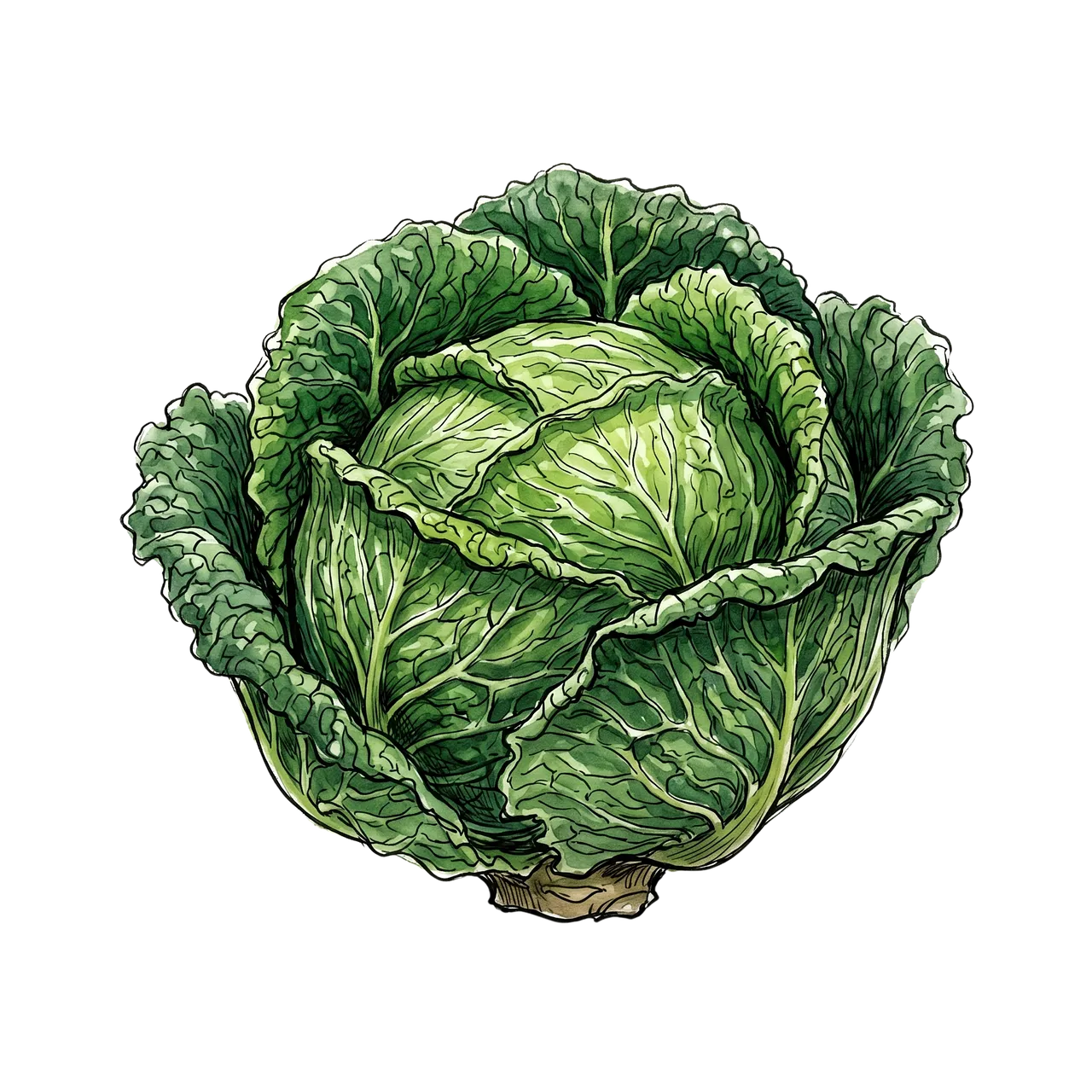 Vibrant Watercolor Cabbage: Fresh Green Art on Black
