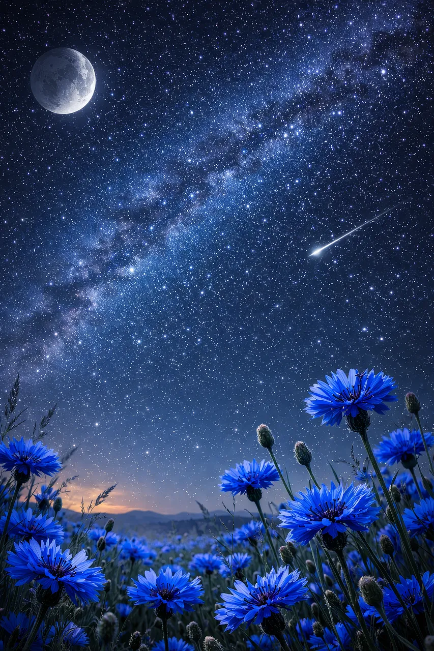 Enchanting Night Sky: Milky Way Above Blue Flowers