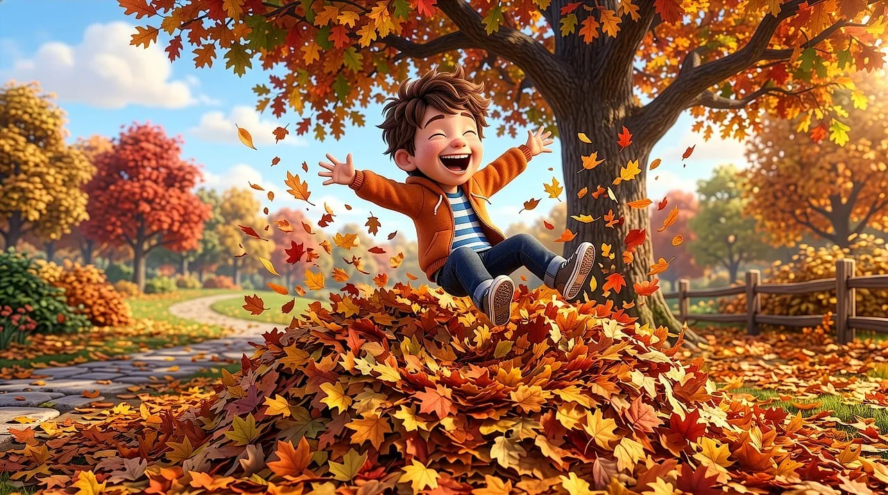 Joyful Autumn Play: Boy Leaping into a Mountain of Golden Leaves