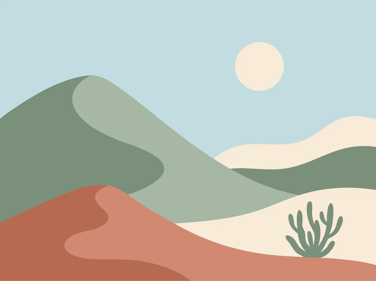 Minimalist Desert Landscape: Sun, Dunes, and Cactus Art