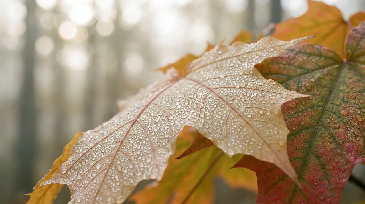 Vibrant Autumn Maple Leaf with Morning Dew Drops
