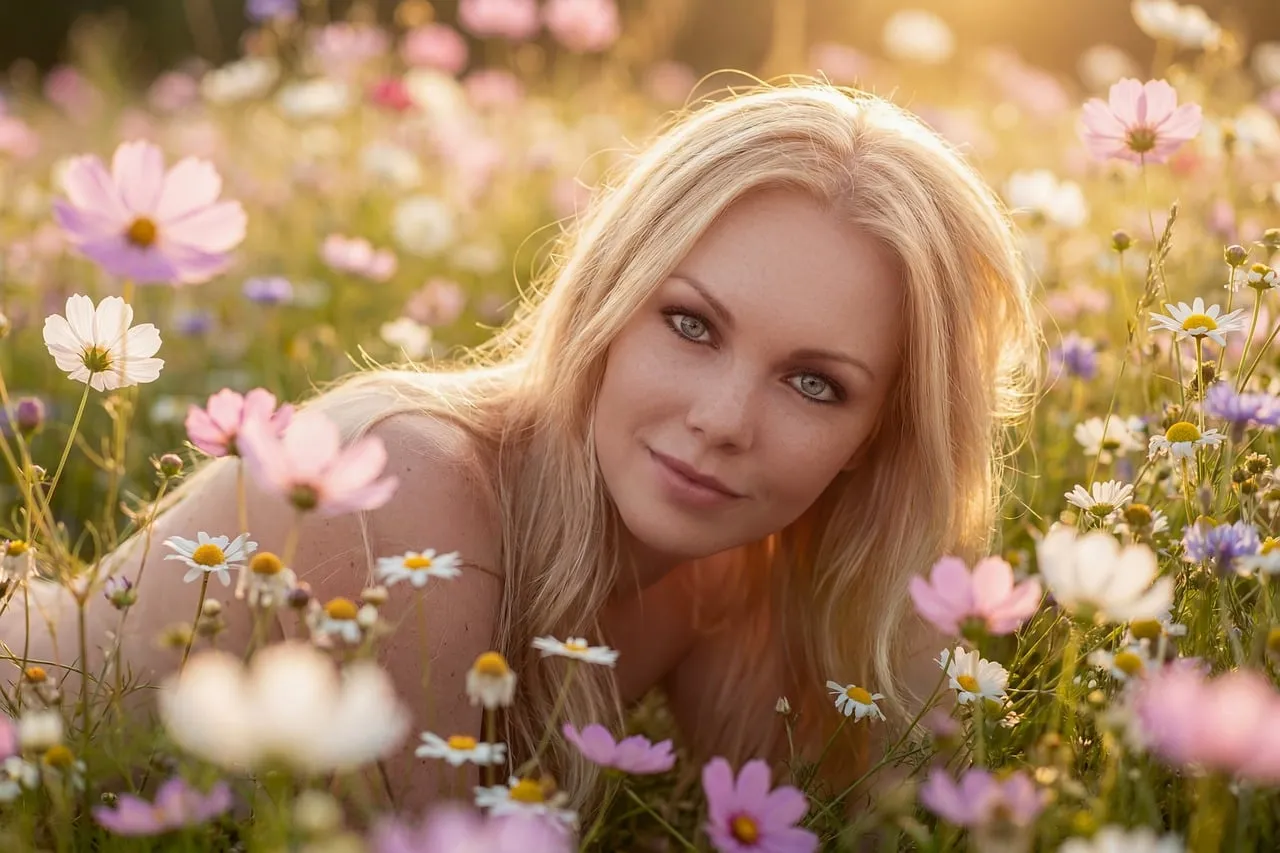 Enchanting Blonde Beauty in Golden Wildflower Meadow