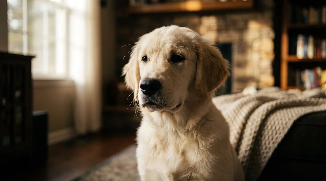 Charming Golden Retriever Puppy Bathed in Golden Sunlight