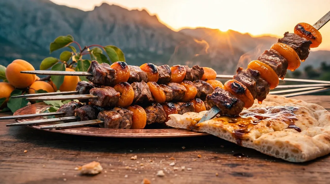 Golden Hour Feast: Succulent Kebabs & Mountain Sunset