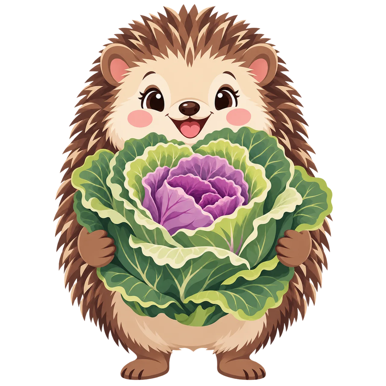 Charming Hedgehog Hugs Vibrant Ornamental Cabbage Illustration