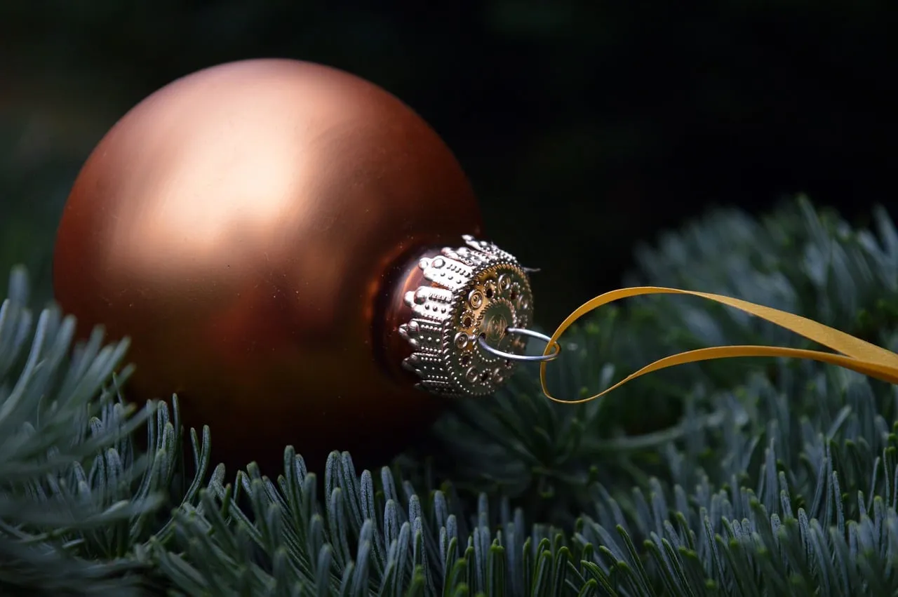 Enchanting Bronze Bauble on Evergreen Branches: A Winter Holiday Delight