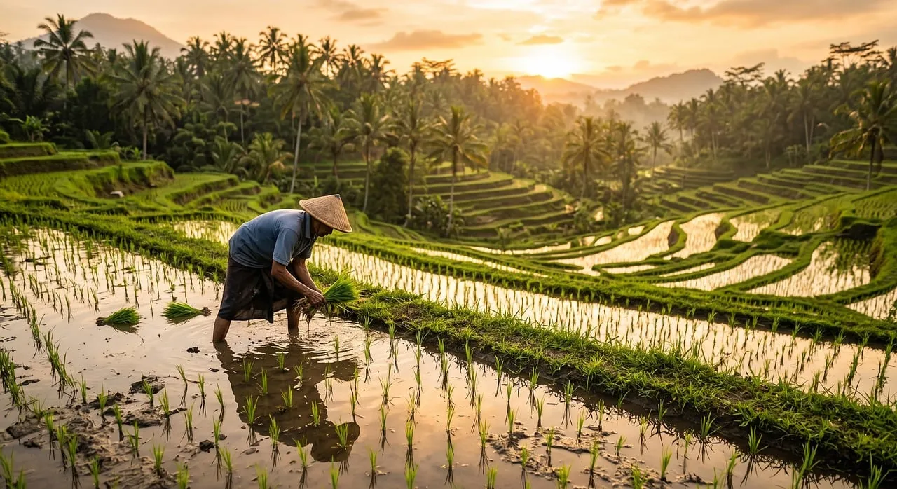 Golden Hour Harvest: Balinese Farmer in Terraced Rice Fields