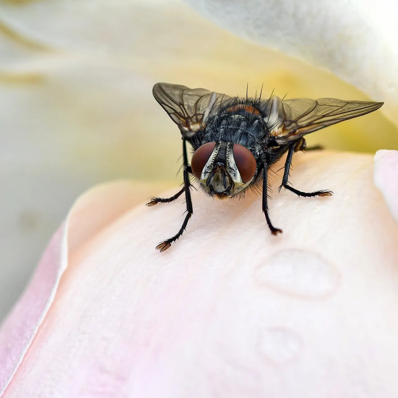 Stunning Macro: Fly on Dewy Pink Petal