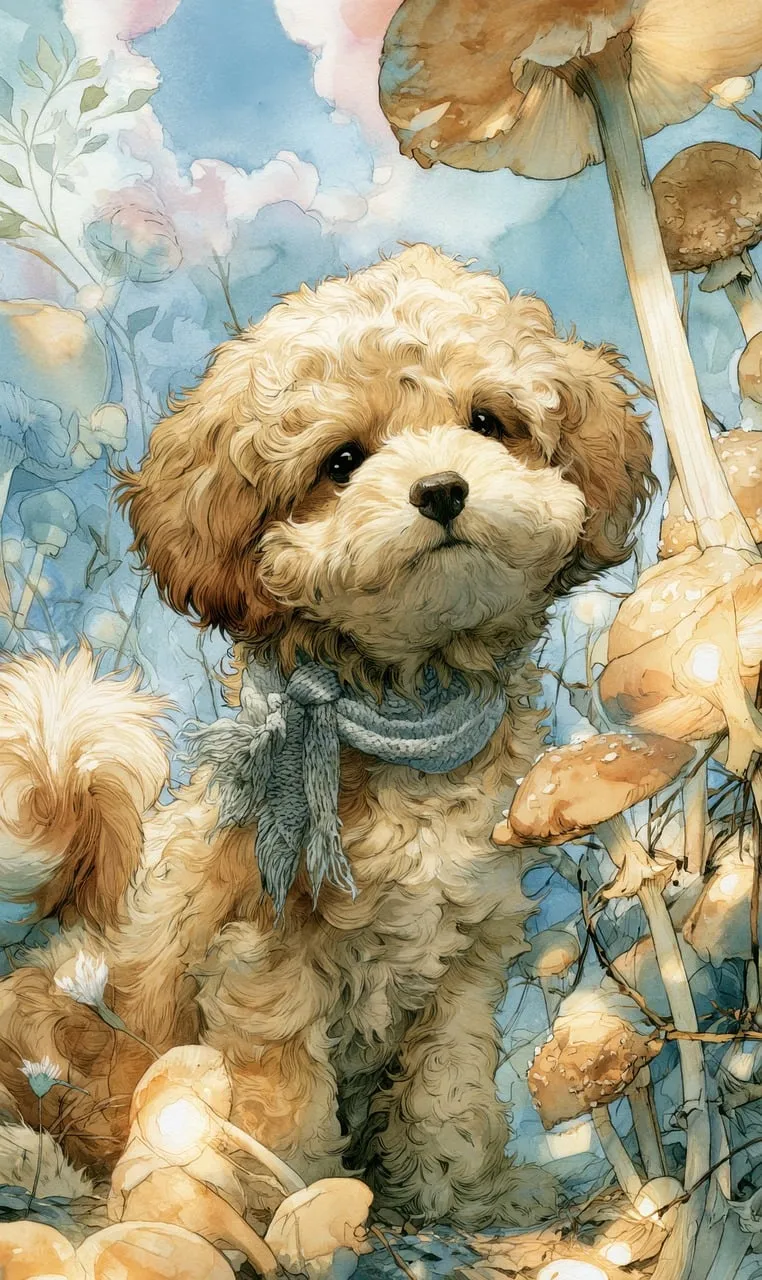Enchanting Fluffy Poodle Puppy in a Magical Mushroom Forest
