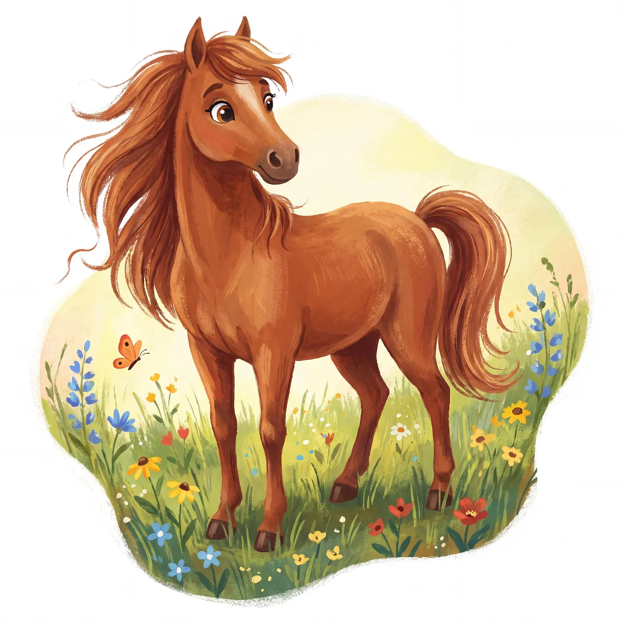 Charming Chestnut Pony frolics in a vibrant wildflower meadow.