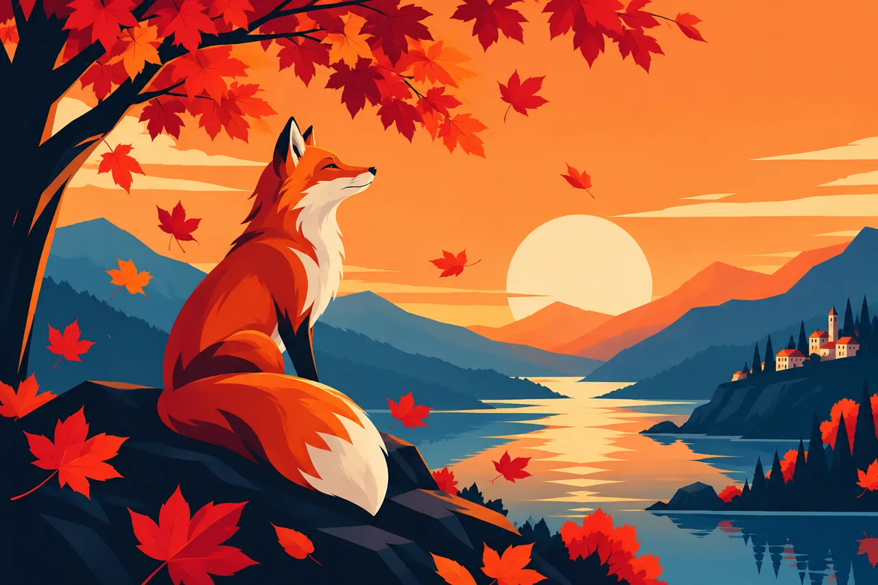Vibrant Autumn Fox: Serene Sunset Mountain Lake View