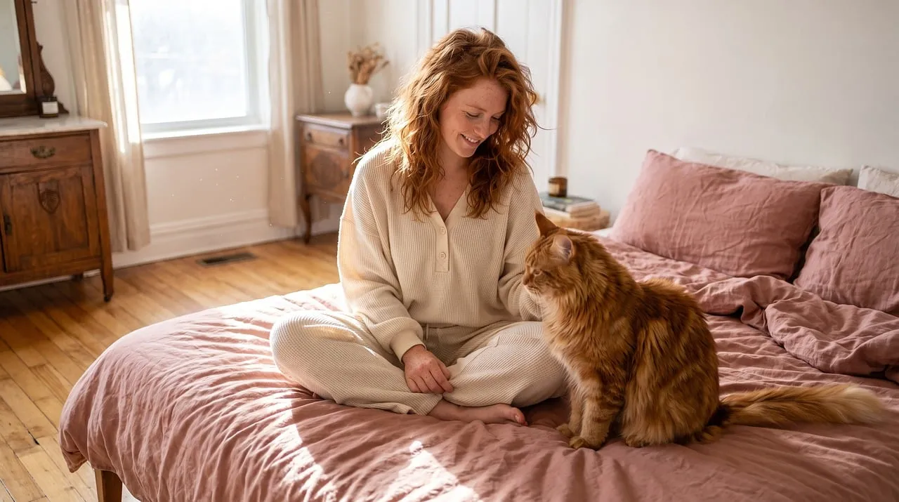 Cozy Morning Bliss: Woman and Cat on Pink Bedding