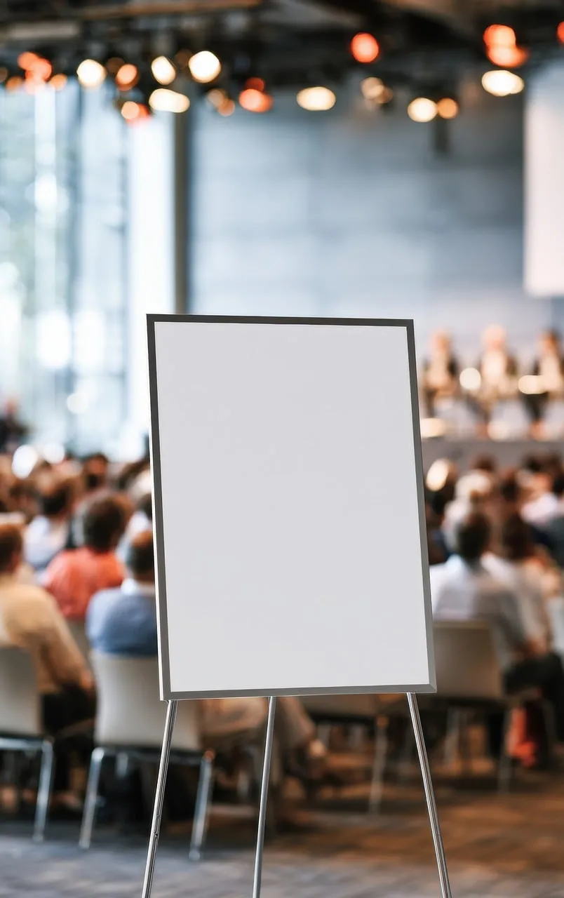 Dynamic Meeting Backdrop: Blank Sign Amidst Engaged Audience