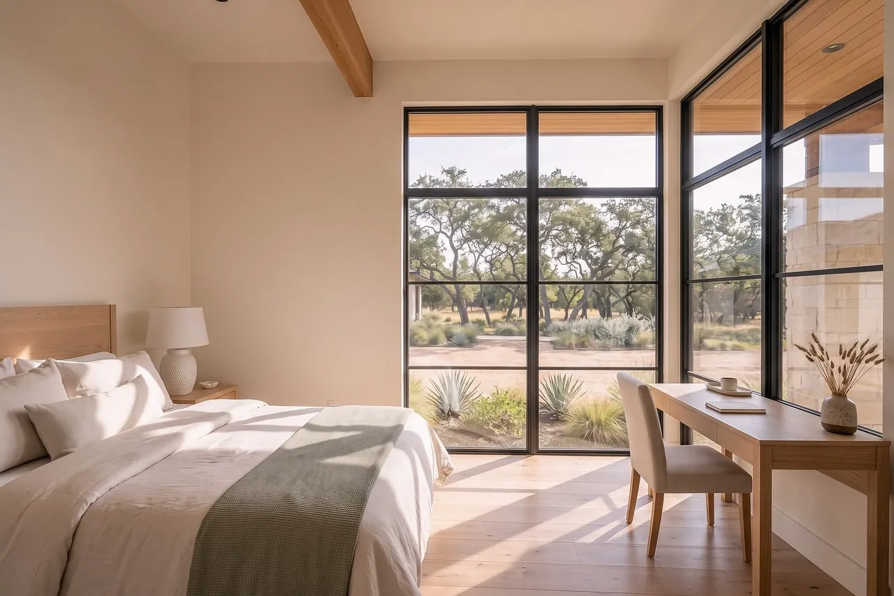 Serene Modern Bedroom with Nature Views
