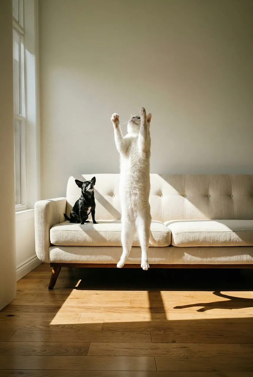 Joyful Pet Play: White Cat Leaping with Chihuahua in Sunlight
