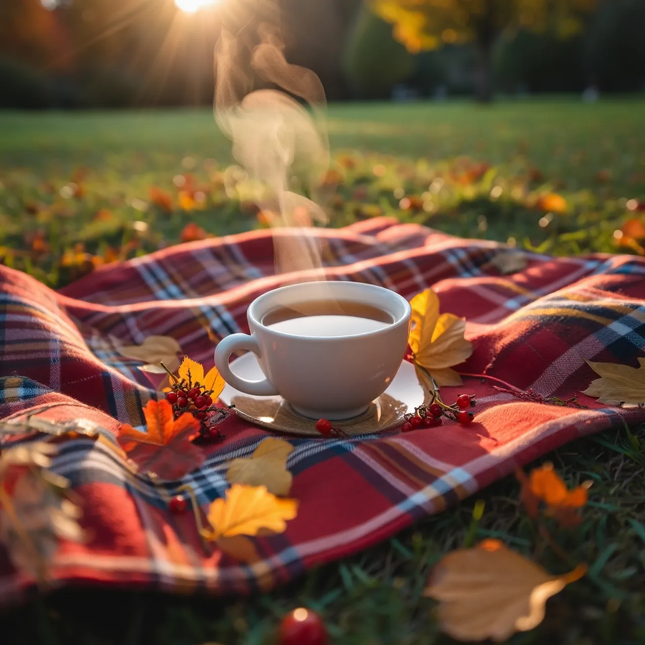 Autumn Bliss: Steaming Coffee on a Picnic Blanket in Nature