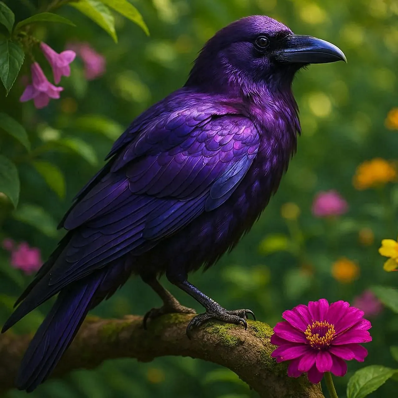 Mystical Amethyst Raven Perched in a Vibrant Fantasy Garden