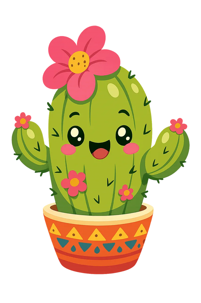 Charming Cartoon Cactus: Adorable Plant with Pink Blooms