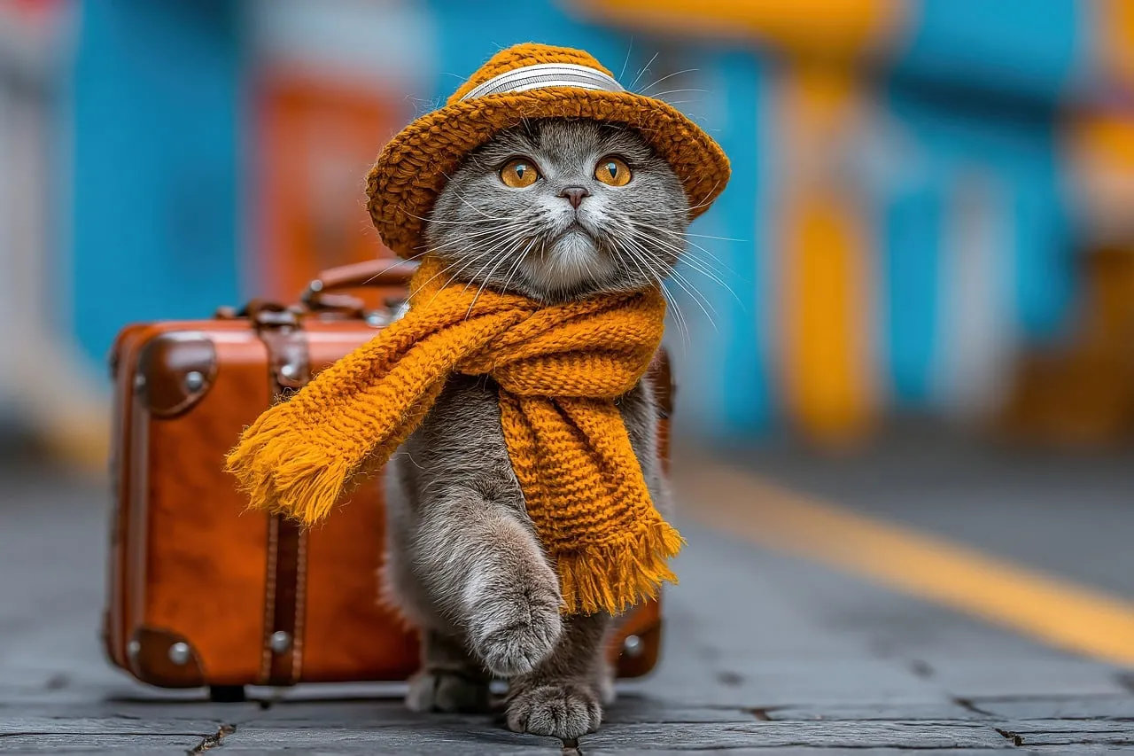 Charming Feline Explorer: A Cat's Stylish Adventure
