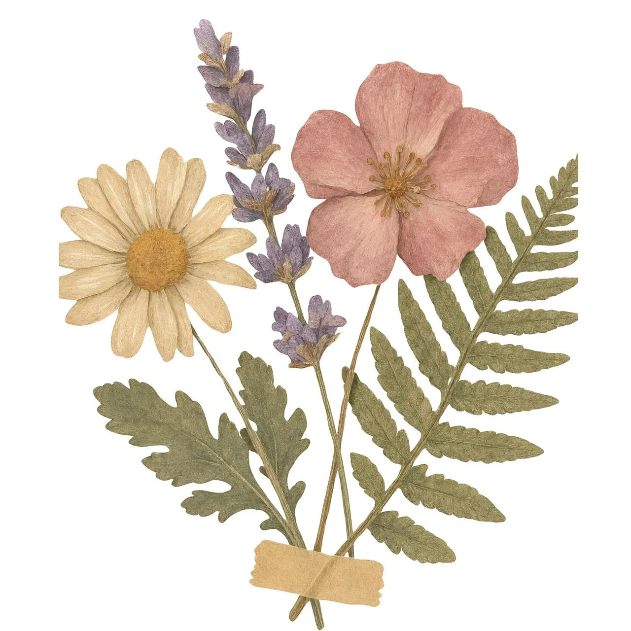 Exquisite Watercolor Botanical Art: Delicate Pressed Flowers & Fern