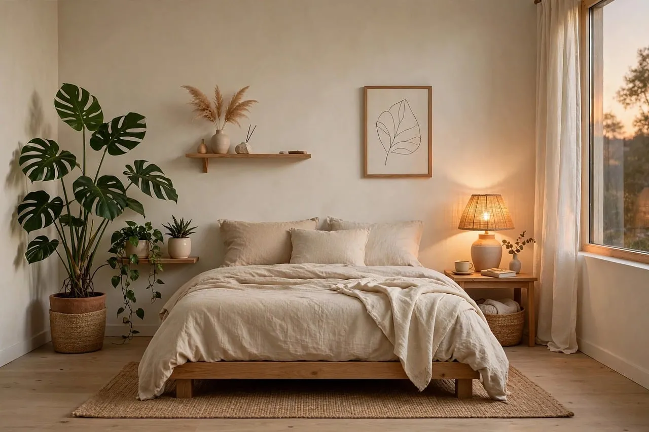 Serene Sunset Sanctuary: Minimalist Bedroom Retreat with Natural Accents