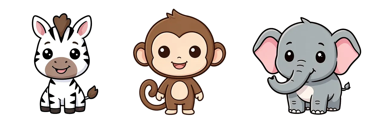 Charming Safari Pals: Adorable Cartoon African Wildlife Trio