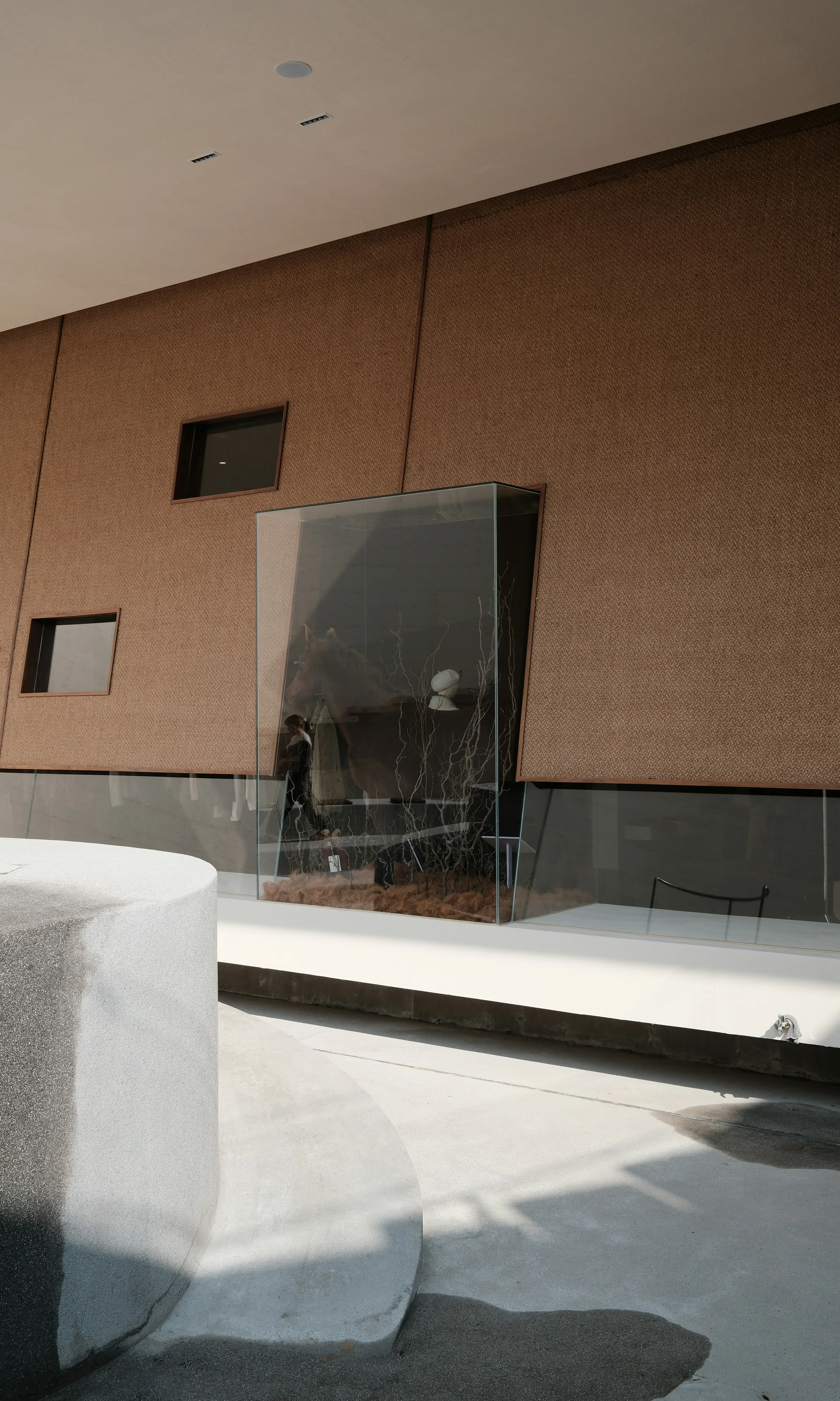 Stunning Modern Interior: Glass Display & Textured Wall