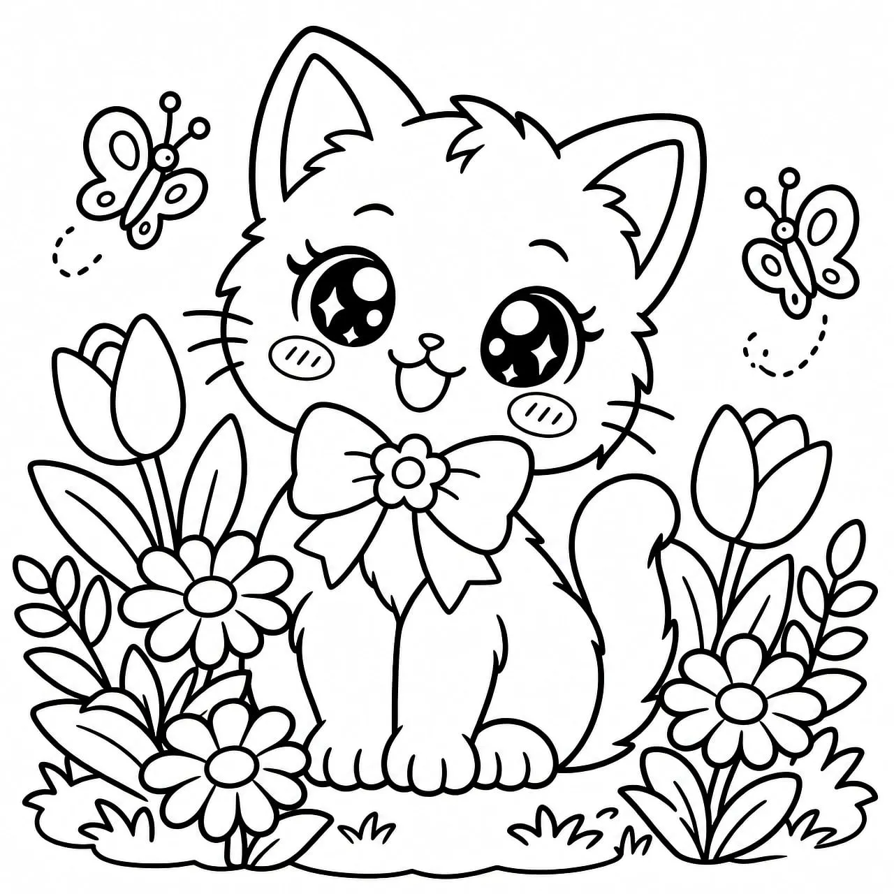 Adorable Cartoon Cat with Butterflies and Flowers Coloring Page