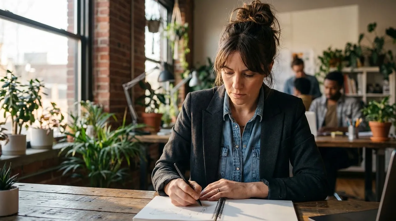 Focused Architect: Woman Drawing Designs in a Modern Office