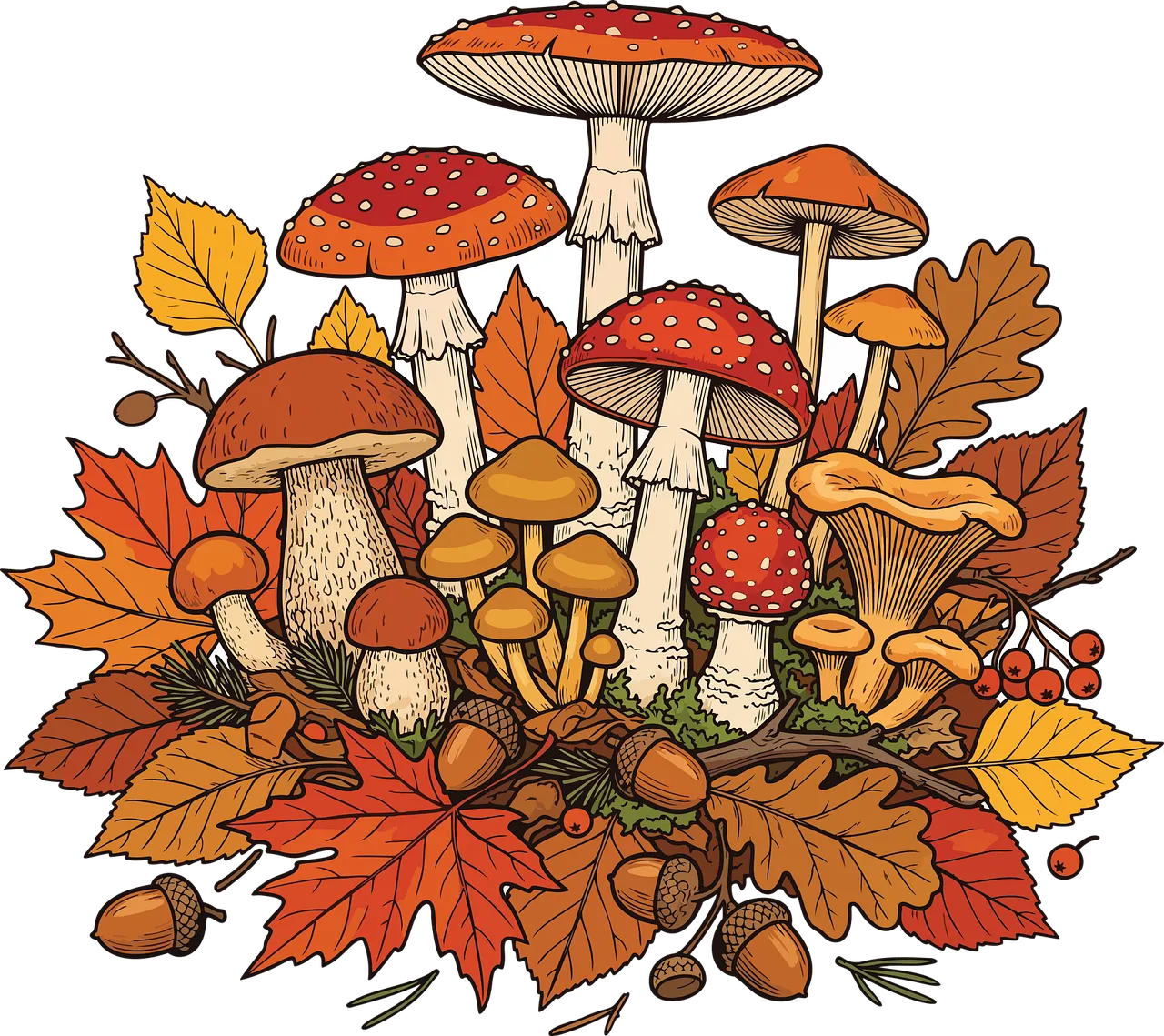 Vibrant Autumn Fungi: Woodland Watercolor Delights