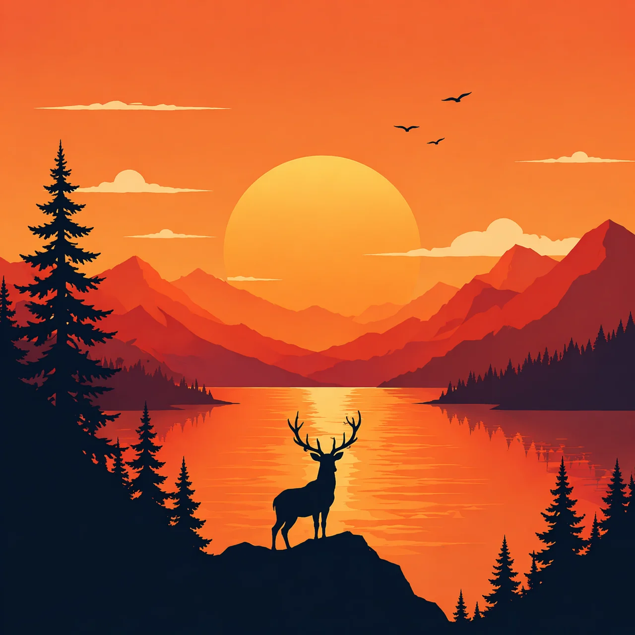 Stunning Sunset Serenity: Deer Silhouette by a Lake