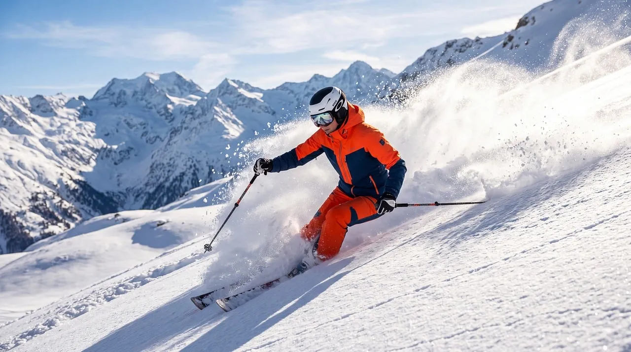 Epic Alpine Descent: Skier Carving Through Fresh Powder