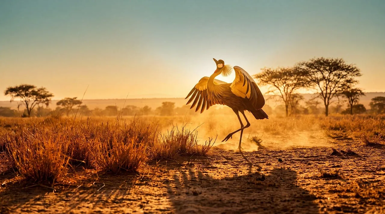 Majestic Crowned Crane Dances in Golden African Sunset