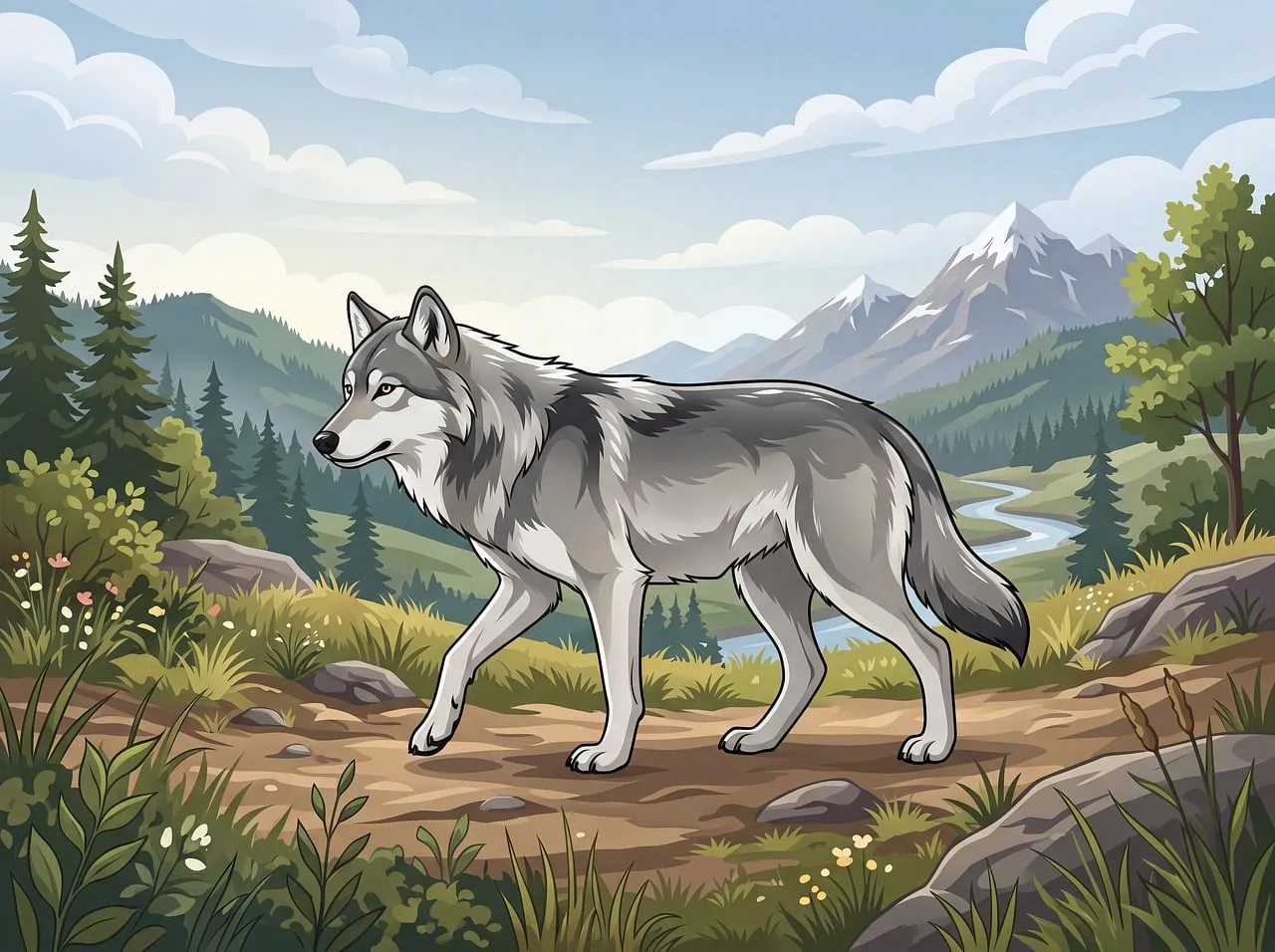 Majestic Wolf Illustration in Serene Mountain Wilderness