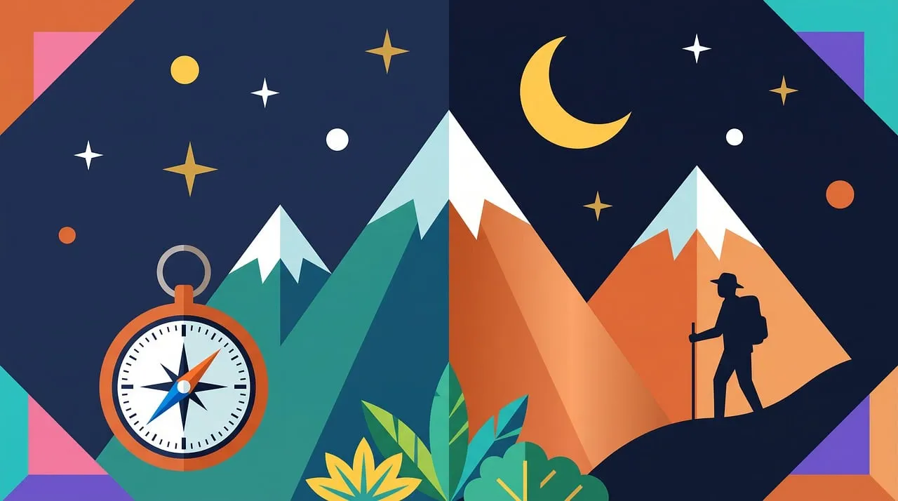 Minimalist Night Adventure: Hiker, Mountains & Stars Illustration