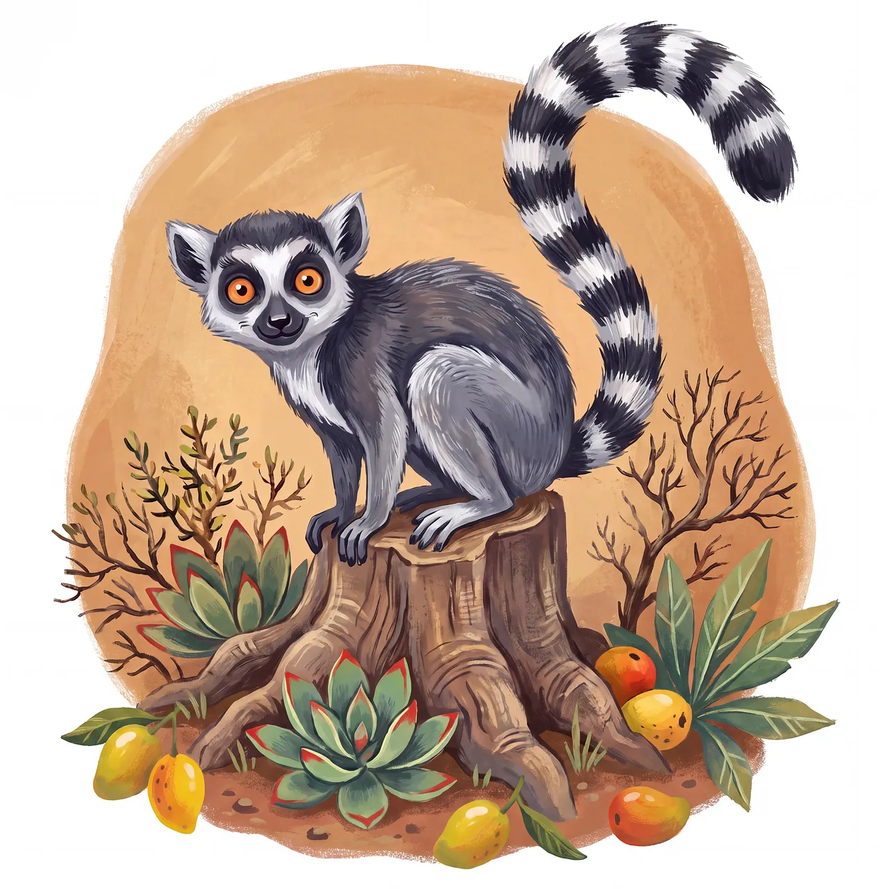 Charming Striped-Tail Lemur Illustration on a Tree Stump
