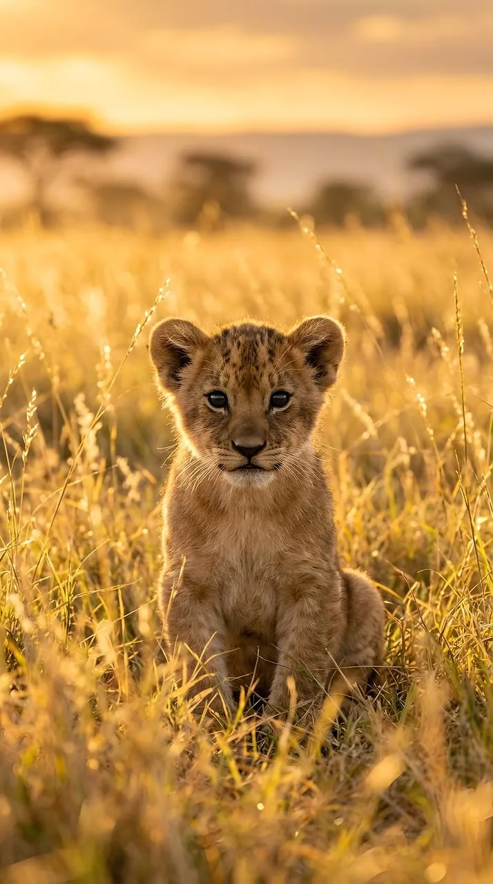 Adorable Lion Cub in Golden Savanna Sunset